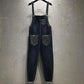 Women's Large Size Rhinestone Denim Overalls Solid Color Cropped Pants Spring and Summer Loose Ripped Harem Wide-leg Jumpsuit