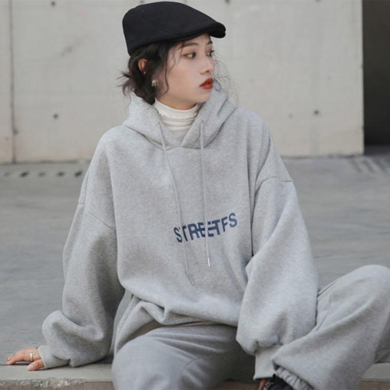 Plus Velvet Suit Women's Solid Color Sports Hooded Sweater Casual Leggings Pants Fashionable Loose Two-piece Trendy