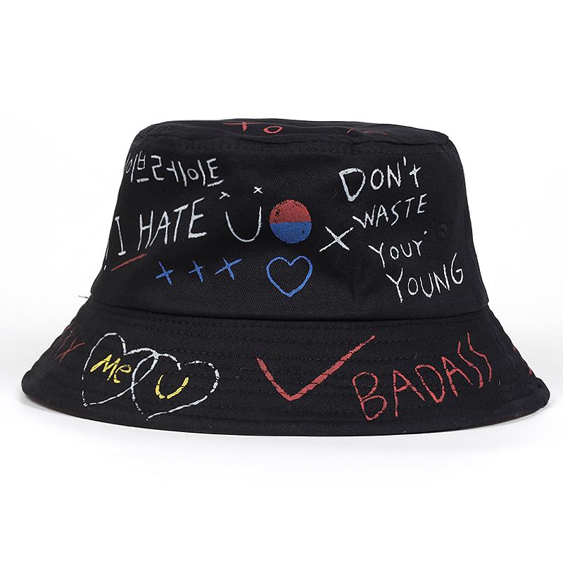 Unisex Alphabet Graffiti Print Fisherman Hat Outdoor Sunshade Fishing Hat Casual Cotton Bucket Hat