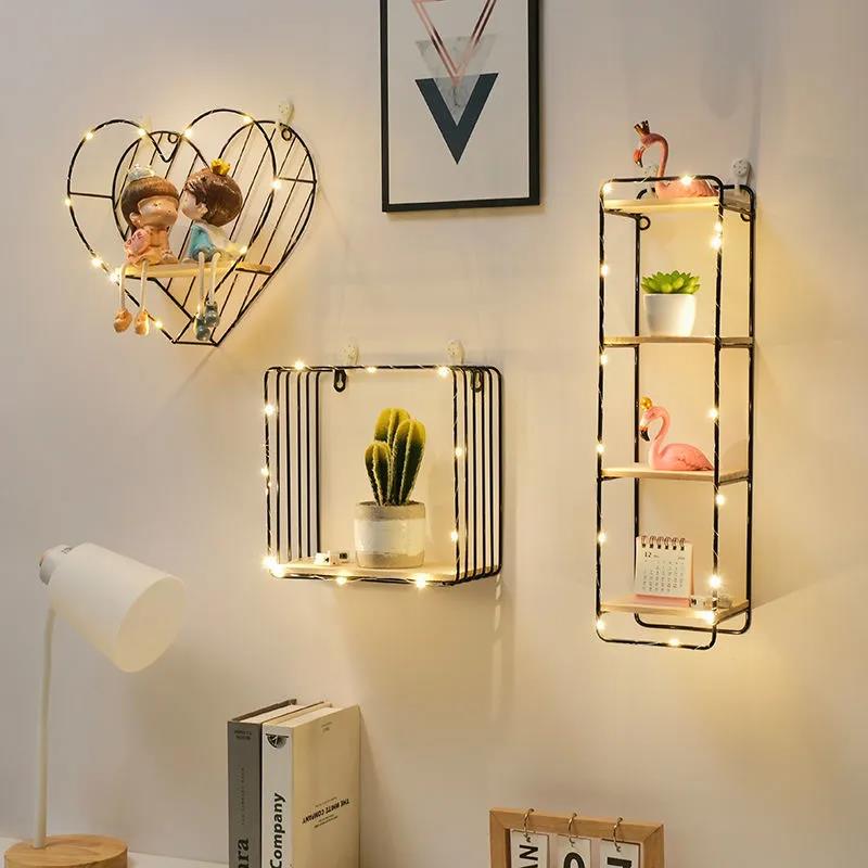 Double Layer Shape Storage Shelf Solid Wood Metal Display Stand Hole-free Storage Rack with Light Strip