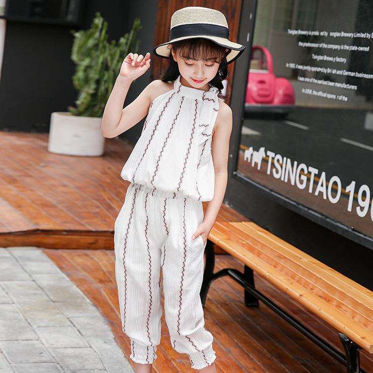 Girls' Suit Summer Thin Korean Vertical Stripe Printing Two Piece Set Bow Top Capris Casual Wear Breathable