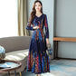 Women's Printed Long Retro Dress V-neck Waist Was Thin Over The Knee Long Skirt
