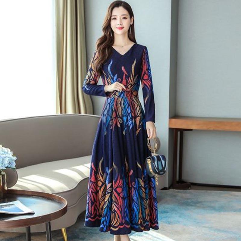 Women's Printed Long Retro Dress V-neck Waist Was Thin Over The Knee Long Skirt