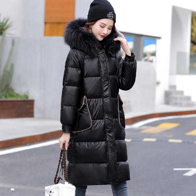 Women's Glossy Loose Down Jacket Mid-length Korean Thick Coat Warm Cotton Coat with Big Fur Collar Winter Quilted Jacket