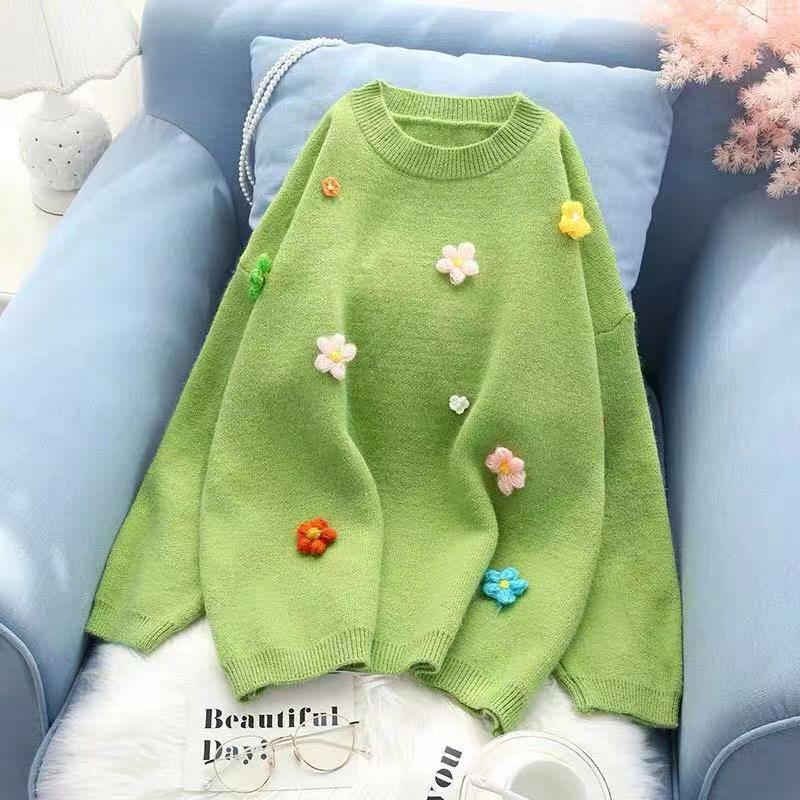 Pofulove Fashion Sweater Girl Pullover Autumn and Winter Korean Small Flower Loose Wild Sweater