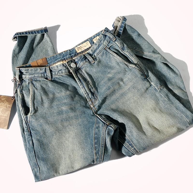 Washed Retro Jeans Men's Slim and Worn Straight Trousers Overalls