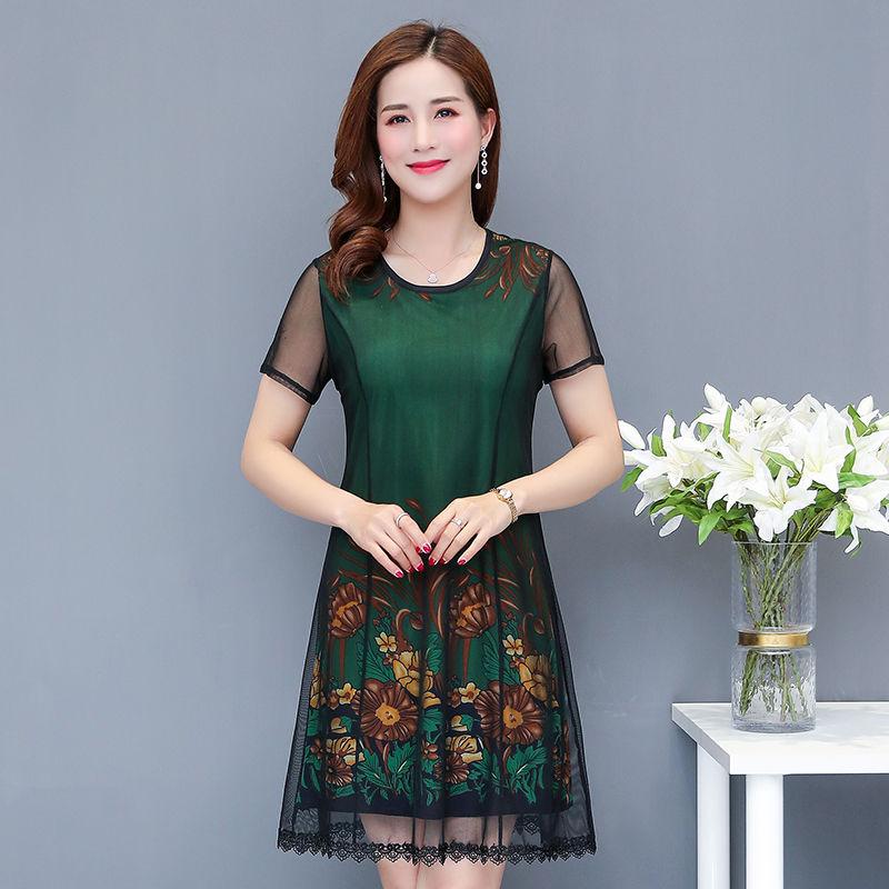 XL-XXXXXL Plus Size  Mid-length Printed Round Neck Thin Chiffon Neck Short Sleeve  Over-the-knee Dress Mom A-line Skirt