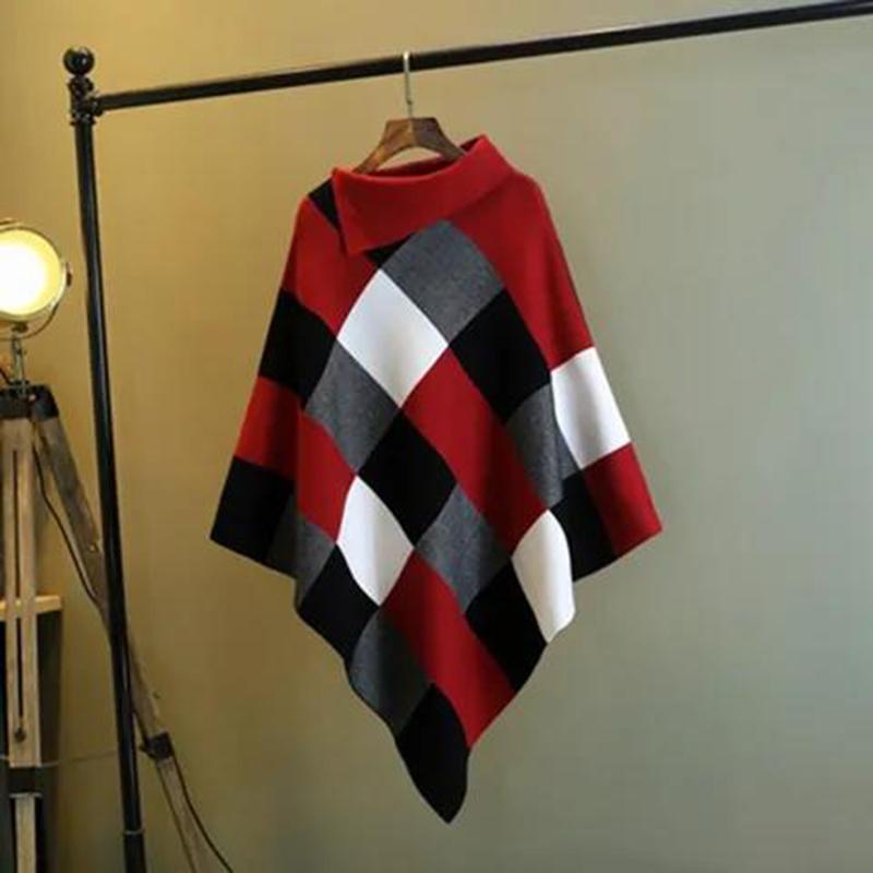 Loose Cloak-type Mid-length Cloak Plaid Pullover Loose Knit Jacket Ladies Temperament Outer Sweater Simple and Versatile