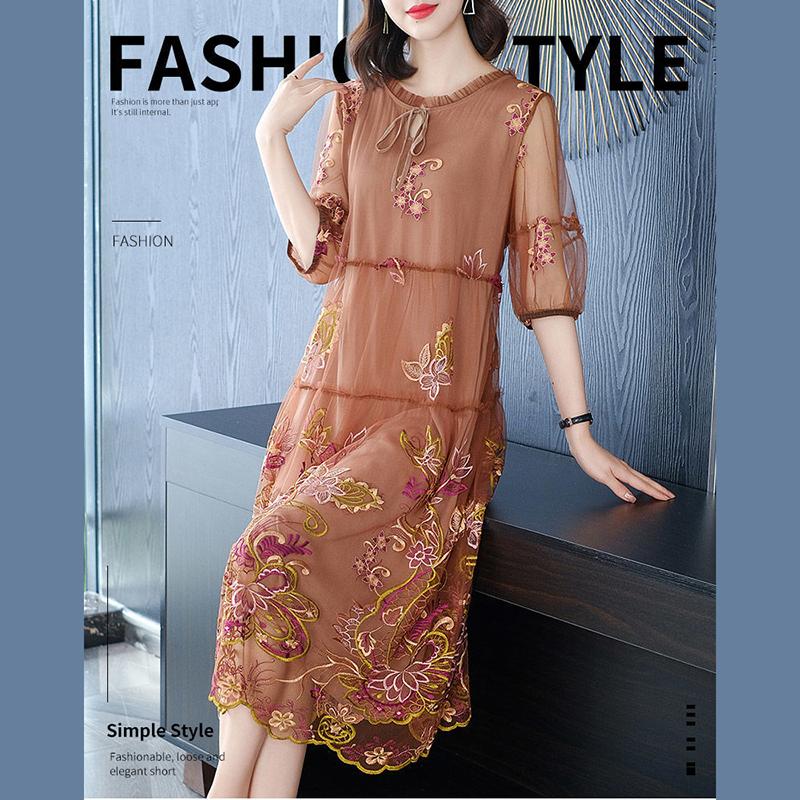M-XXXXXL Women's Summer Dress Large Size Chiffon Print Round Neck Sleeve Length1/2 Skirt
