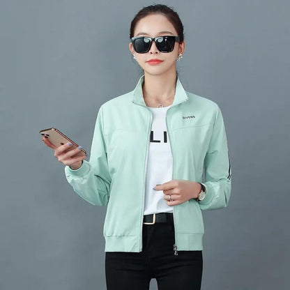 Women's Short Jacket Coat Spring and Autumn Ladies Stand Collar Printed Top Casual Jacket Zipper Sweatshirt