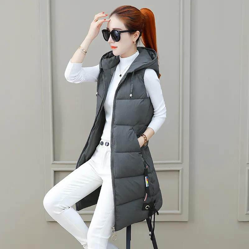 Down Cotton Vest Women's Long Hooded Korean Women's Cotton Vest Thick Coat