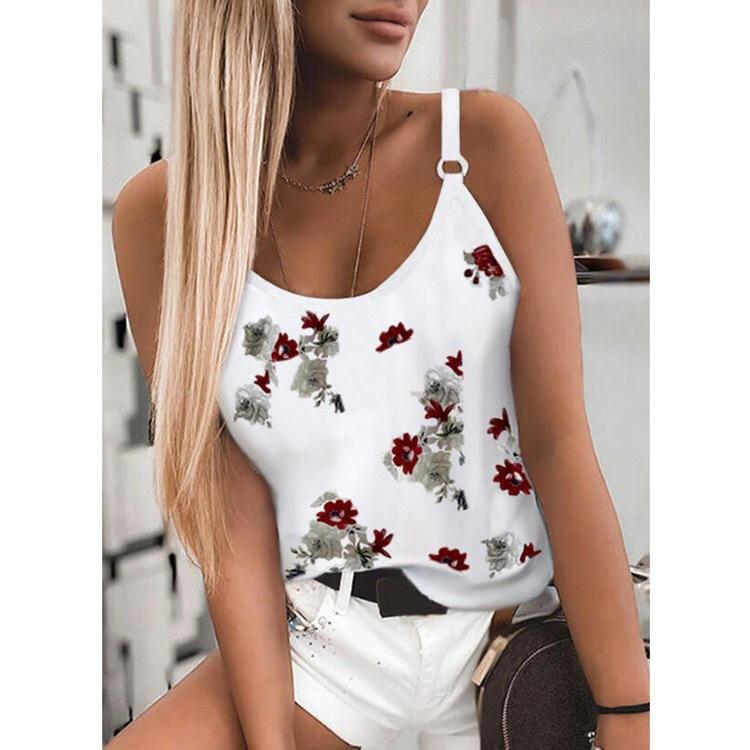 Fashion Women Summer Casual Feather Print Spaghetti Straps Sleeveless Tank Tops