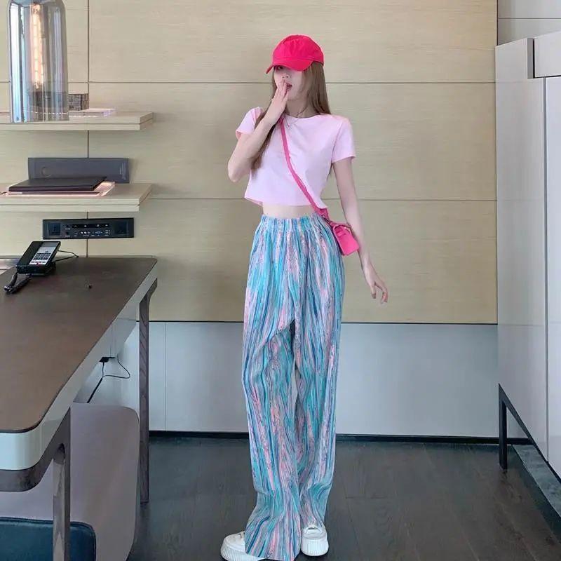Women Vintage Thin Wide Leg Streetwear Pants Tie Dyed Pleated Straight Pants Loose Versatile Slim Long Pants
