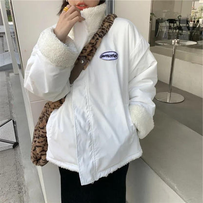Two-sided Cotton-padded Jacket Female Winter Lamb Hair Girl Student Loose Harajuku Style Thickened Stand-up Collar Cotton-padded Jacket