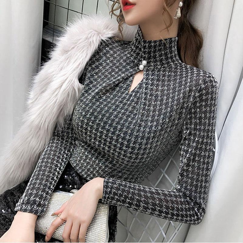 Autumn and Winter Sexy Slim Bottoming Shirt Half High Collar Simple Casual Jacket Long Sleeve Female Top