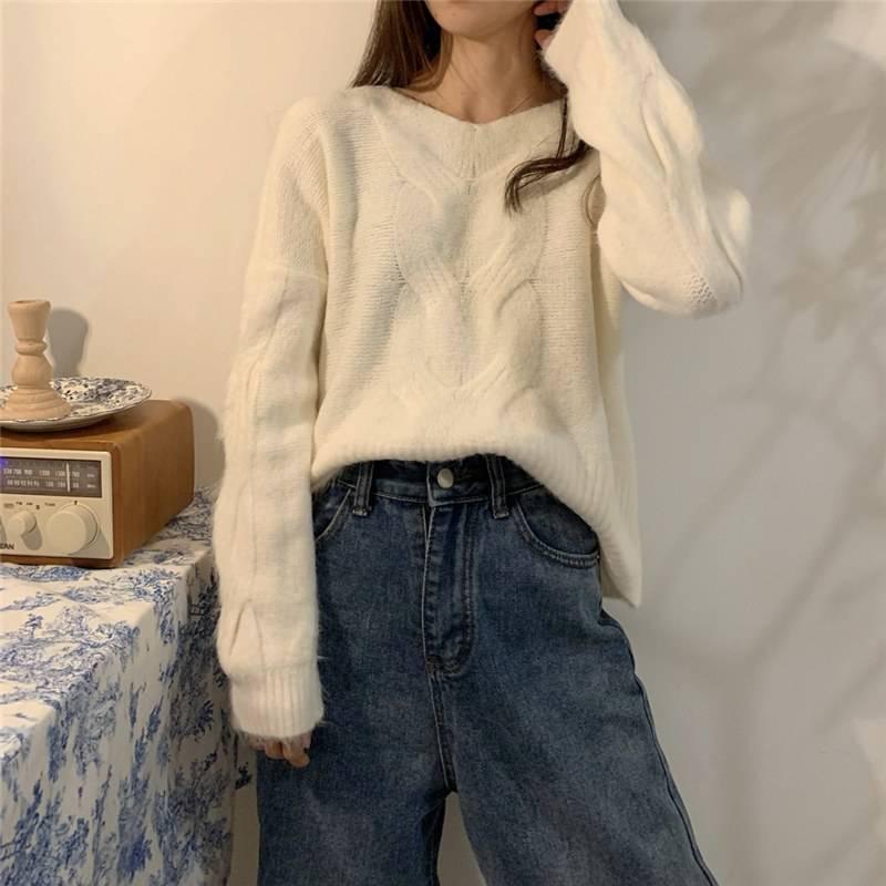 Pofulove Purple Twist Sweater Women Autumn Winter Wear Pullover Fashion Thick Wild Sweater Lady