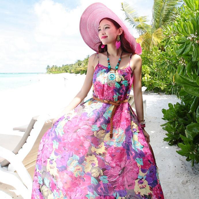Women Summer Vintage Beach Seaside Holiday Dress Loose Long Chiffon Floral Printed Suspender Dress