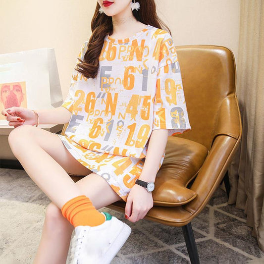 Short-sleeved T-shirt Female Design Sense Color Letters Loose Mid-length T-shirt Ladies Casual Loose Top Round Neck Short-sleeved T-shirt