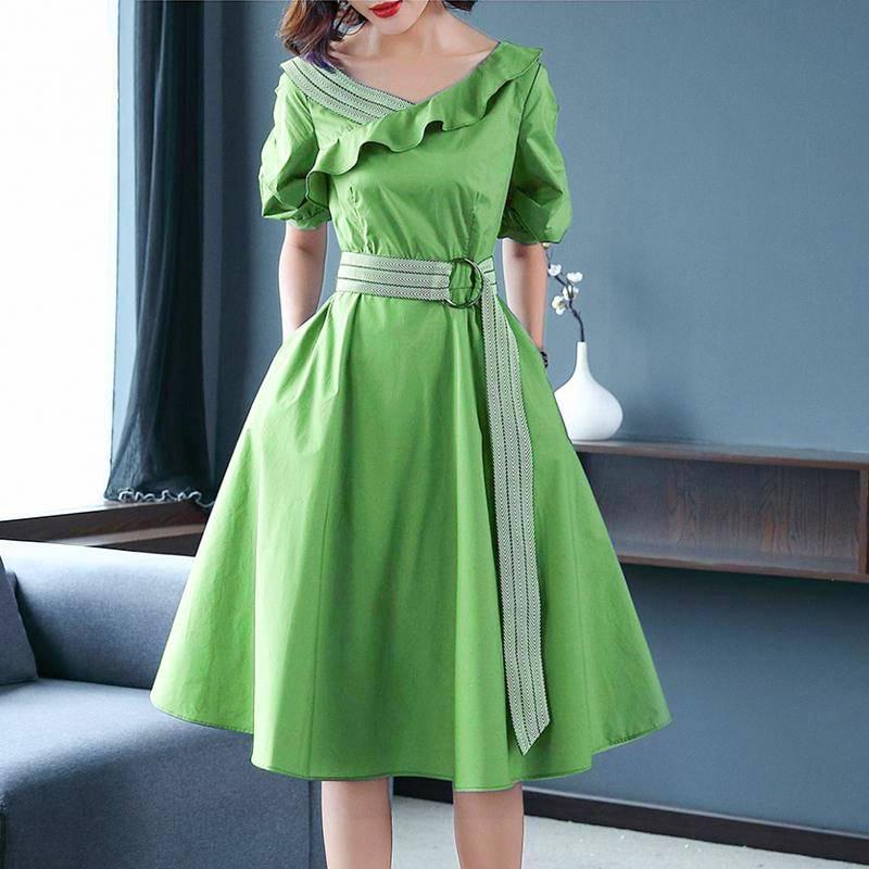 Women Casual Sashes A Line Party Dress Ladies Belt Waist Turn Down Collar OL Style Shirt Dress Summer
