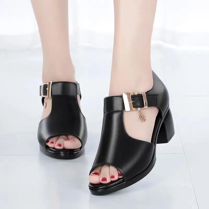 Fish Mouth Sandals Roman Women's Thick Heels All-match Medium Heel Thick Women's Shoes Comfortable High Heels One Word Buckle