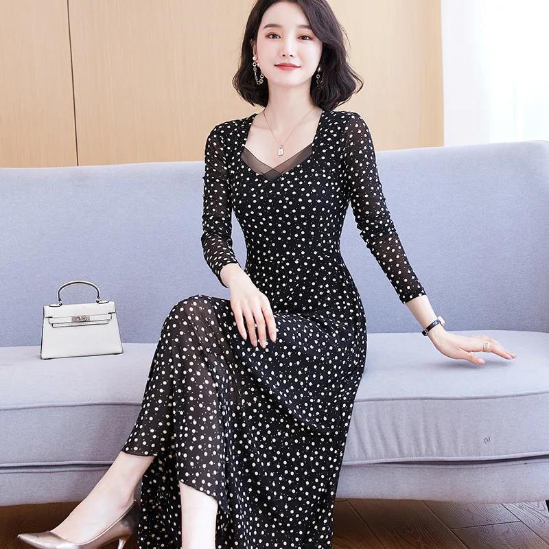 Spring and Summer Mesh Dress Women's Long-sleeved Long Section Slim Temperament Long Rectangular Neckline Printed Skirt