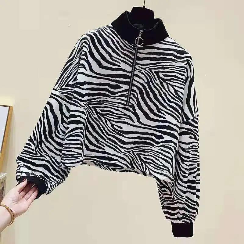 Women's Clothing Sweatshirts Spring Autumn Loose Half Zipper Stand-up Collar Female College Style Zebra Pattern Cropped Top