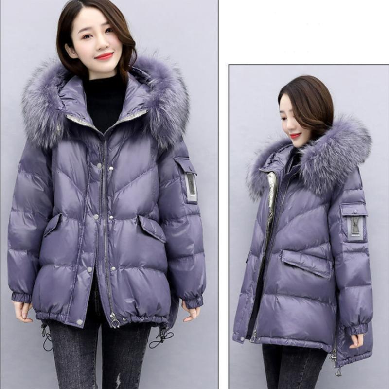 Women's Shiny Down Padded Jacket Mid-length Korean Style Loose Padded Jacket Warm Cotton Coat Big Fur Collar Winter Clothes