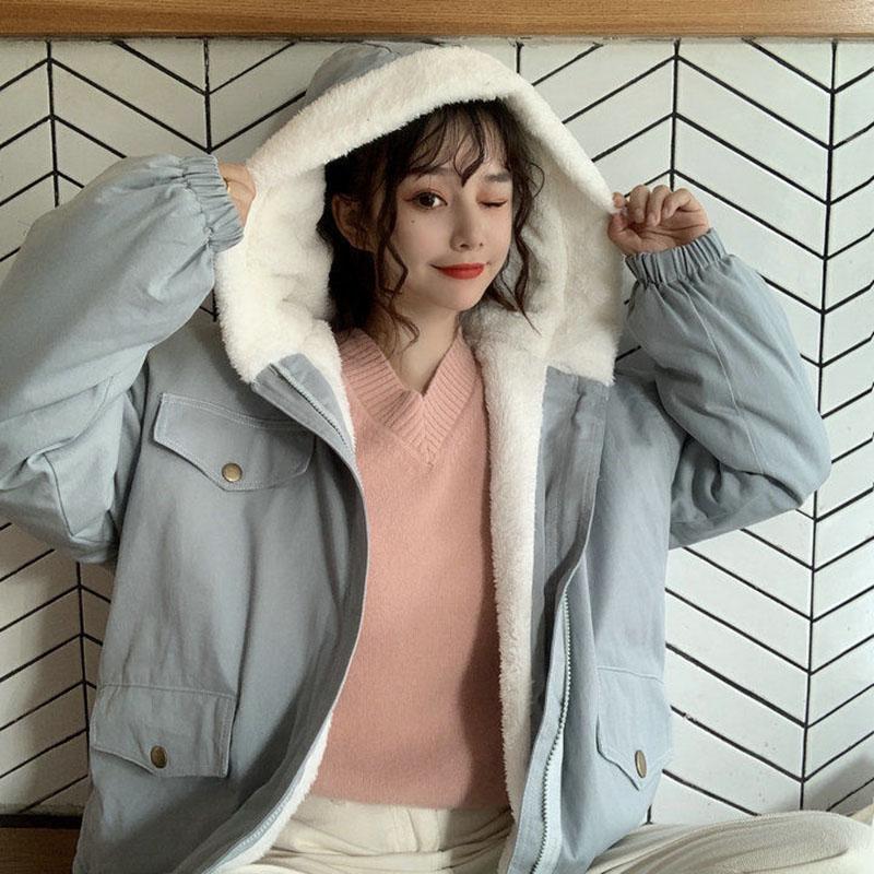 Autumn and Winter Imitation Lamb Wool Padded Coat Women Korean Style Ns Style All-match Coat Solid Color Hooded Women Coat