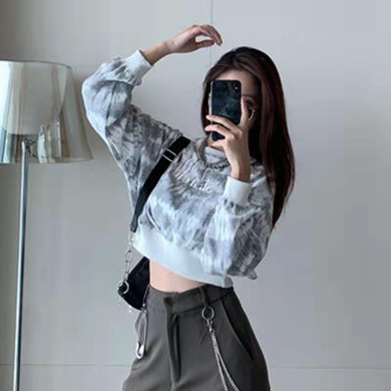 Women's Retro Tie Dye Sweater Loose Thin Lazy Style Short Long Sleeve Top Cropped Navel Statement Top Athletic Girl Pullover Dark Sweatshirt