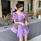 French First Love Butterfly Sweet Little Purple Print Puff Sleeve Fishtail Dress Summer