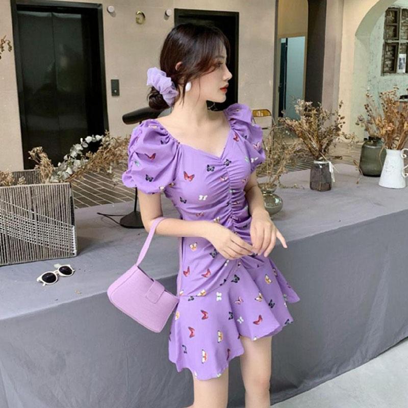 French First Love Butterfly Sweet Little Purple Print Puff Sleeve Fishtail Dress Summer