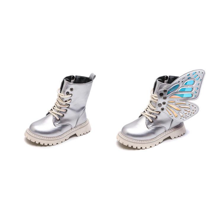 Children's Martin Boots Girl's Autumn Princess Single Boots British Style Children Solid Color Casual Wing Decoration Boots