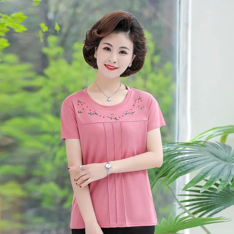 Embroidered Short-sleeved T-shirt Middle-aged and Elderly Women's Large Size Loose Bottoming Shirt Women's Short-sleeved Summer Top