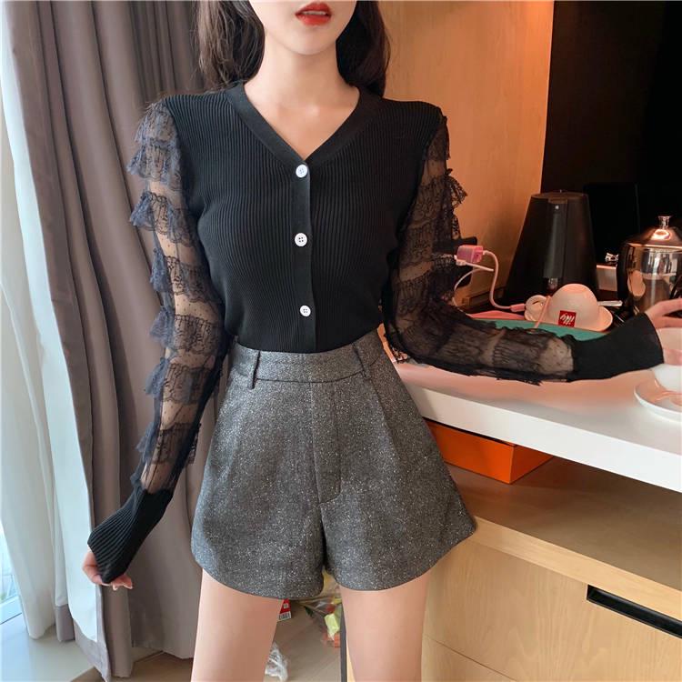 Pofulove Crew Neck Lace Cuffs Base Knitwear Chic Skin-friendly High Elastic Button Jumper Sweater