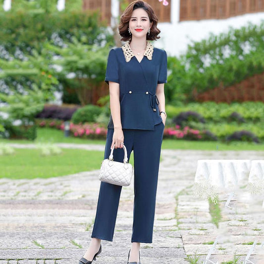 Solid Color Chiffon Suit Summer Large Size Loose and Casual Two-piece Short-sleeved Shirt + Loose Wide-leg Pants