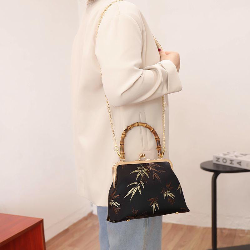 Ethnic Style Women Silk Bamboo Leaves Printing Handbag Messenger Dual Purpose Exquisite Elegant Doctor Bag