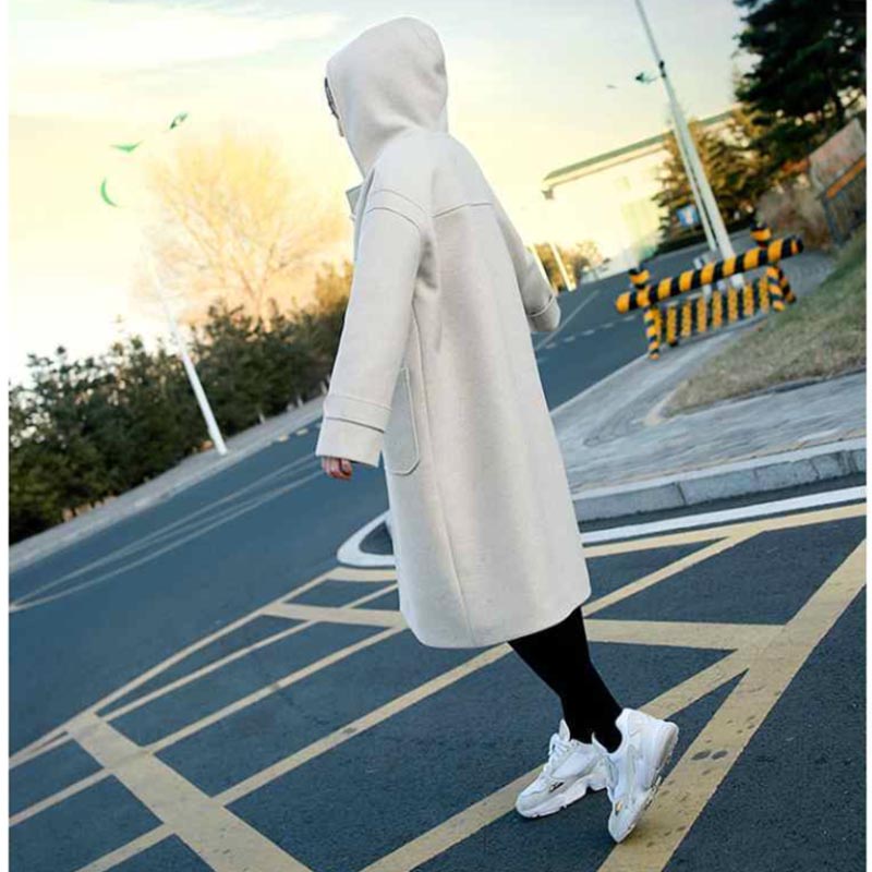 Horn Button Woolen Coat Women's Mid-length Autumn and Winter Quilted Thickened Hooded Woolen Coat