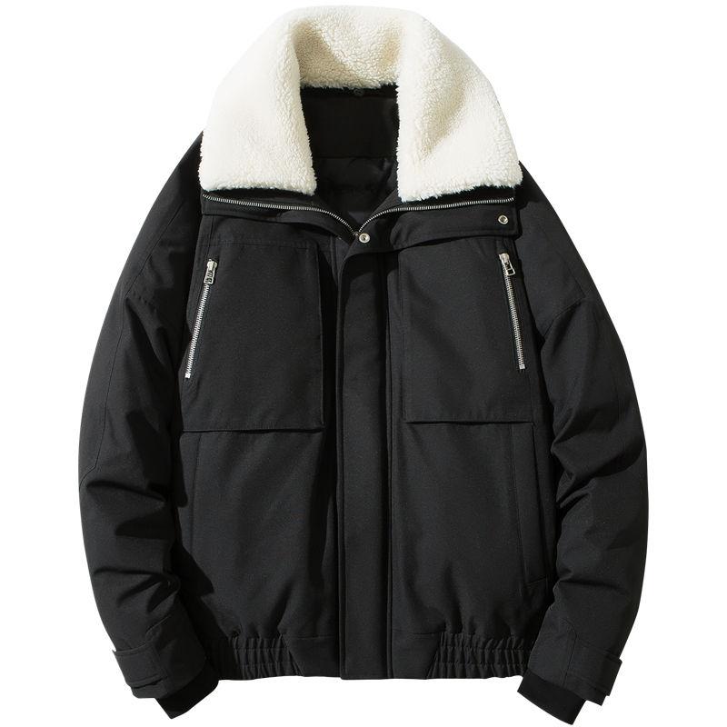 Winter Padded Jacket Men's Short Loose Large Size Korean Style Trendy Warm Cotton Jacket Wild Lamb Velvet Lapel Quilted Jacket