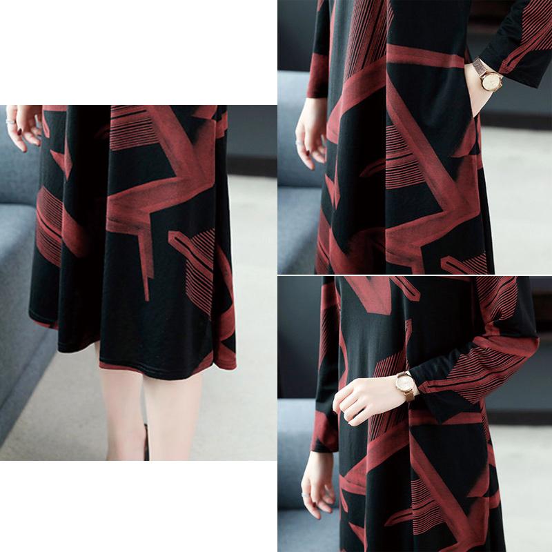 Large Size Long-sleeved Dress Women Spring and Autumn Mid-length Over-the-knee Bottoming Skirt Round Neck Print