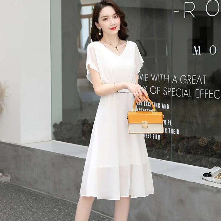 Dress Female Summer Loose Large Size Black Chiffon Dress Short-sleeved Waist V-neck Slim Casual All-match