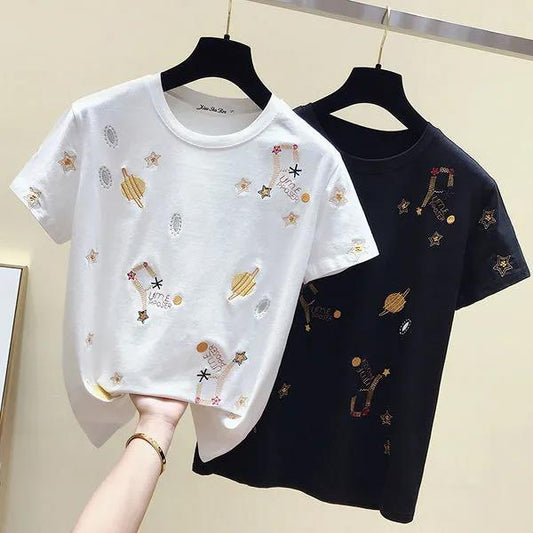 Cartoon Star Planet embroidery T-Shirt Solid Cotton Tee Female Casual Short Sleeves Tops