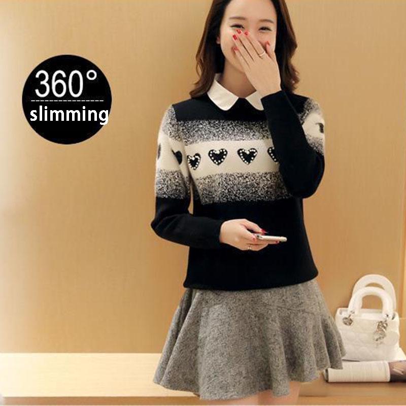 Autumn Winter Korean  Short Pullover Sweater Lapel Loose Sweater Coat Sweet Beaded Fake Two pieces Sweaters for Students Office Ladies