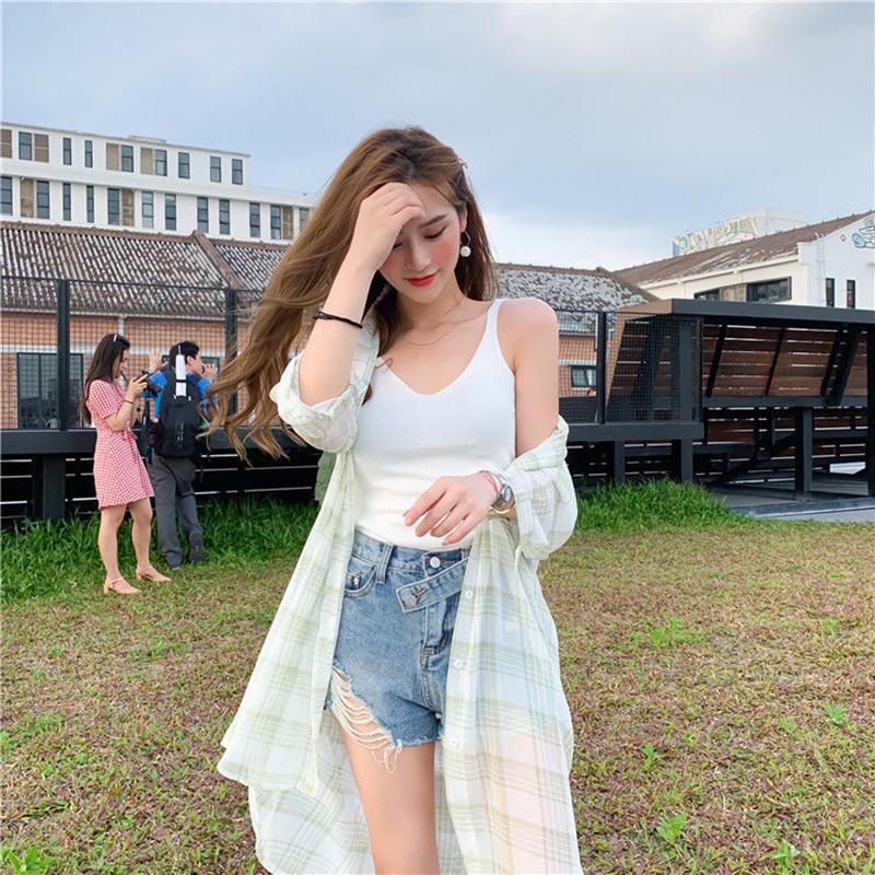 Long Coat Over The Knee Long Sun Protection Clothing Women Loose Fat MM Plaid Chiffon Shirt Sun Protection Clothing Large Loose