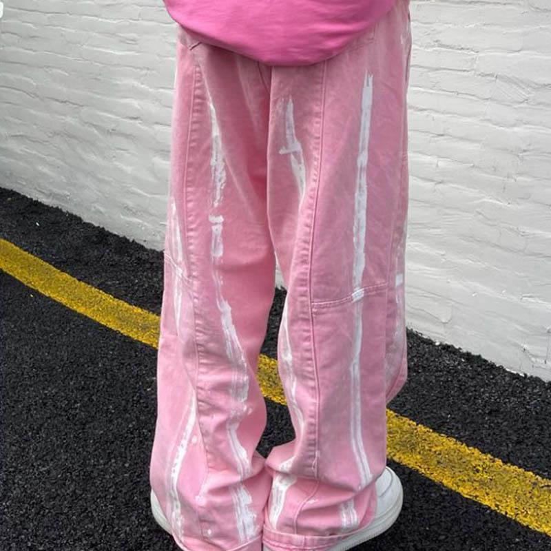 Pink Jeans Female Spring and Autumn Design INS Inkjet Wild Trend Loose Straight Bread Pants