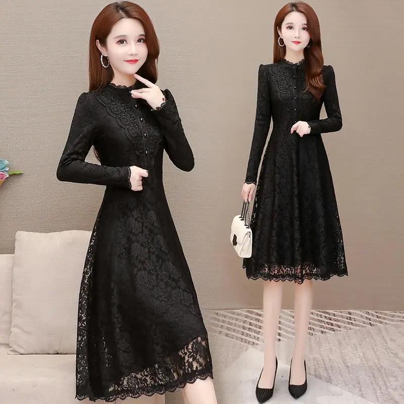 Lace Dress Autumn and Winter Temperament Long-sleeved Bottoming Skirt Waist Slim A-line Mid-length Ladies Dress