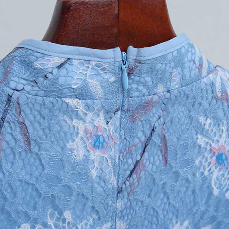 S-2XL Summer Women Slim Cheongsam Lace Floral Dress Mid-sleeved Round Neck Slim Split Dress