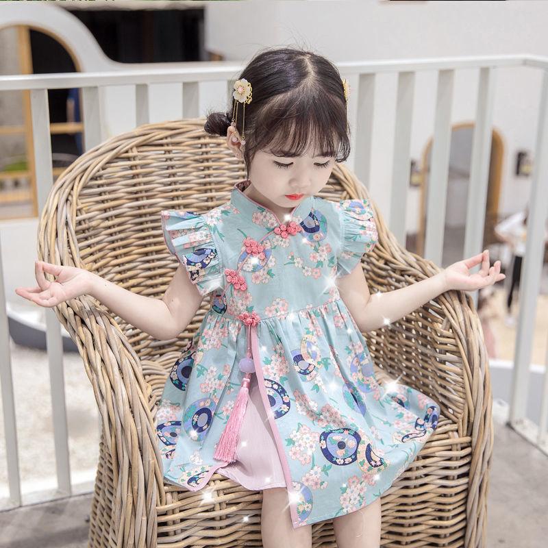 Girls Cheongsam Skirt Summer Dress Baby Girl Summer Style Hanfu Tang Suit Children Foreign Style Flying Sleeve Dress