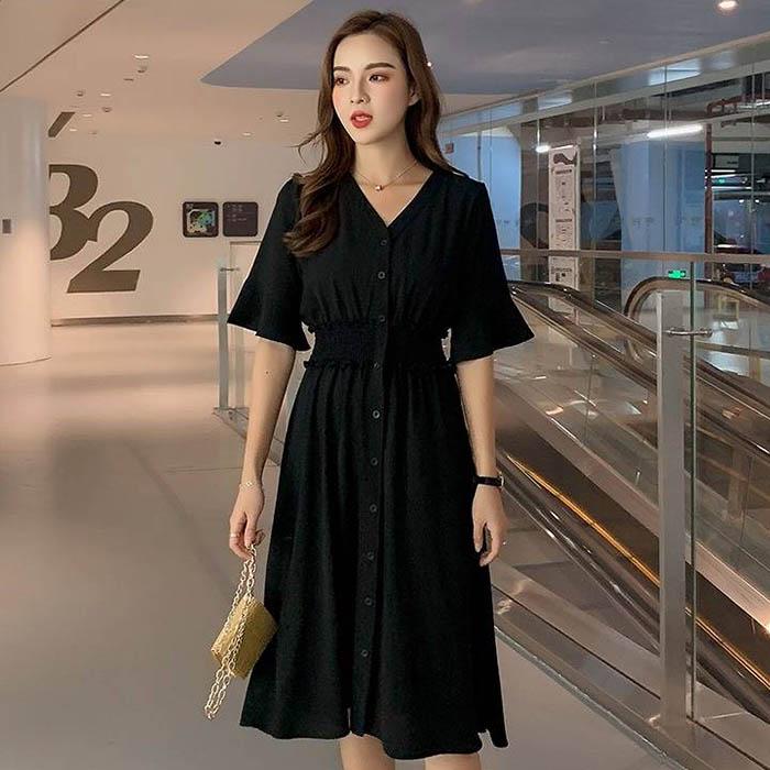 L-5XL Women V-neck Elastic Waist Red Dress Plus Size Slim Short-sleeved Long A-line Dress