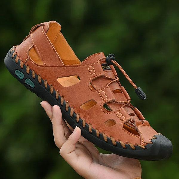Men's Genuine Cowhide Leather Toe Sandals Outdoor Casual Sandals Beach Shoes Hole Sandals Roman Shoes Waterproof Sport Sandals