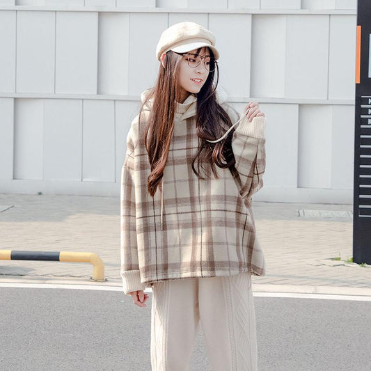 Autumn and Winter Plus Velvet Thick knitwear Plaid Loose Turtleneck Top Long Sleeve Base Sweater Women